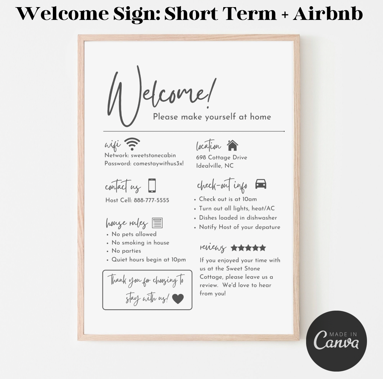 WELCOME SIGN FOR AIRBNB & VACATION RENTAL HOST TEMPLATE (Digital Download) - Editable & Printable SHOP MARBLE LUXE BEAUTY