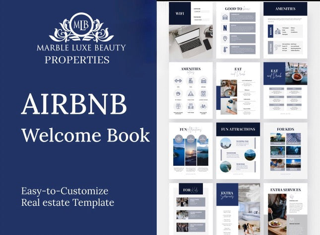 35 Page Airbnb Welcome Book Template Canva E-Book (Editable & Printable) - Digital Download SHOP MARBLE LUXE BEAUTY