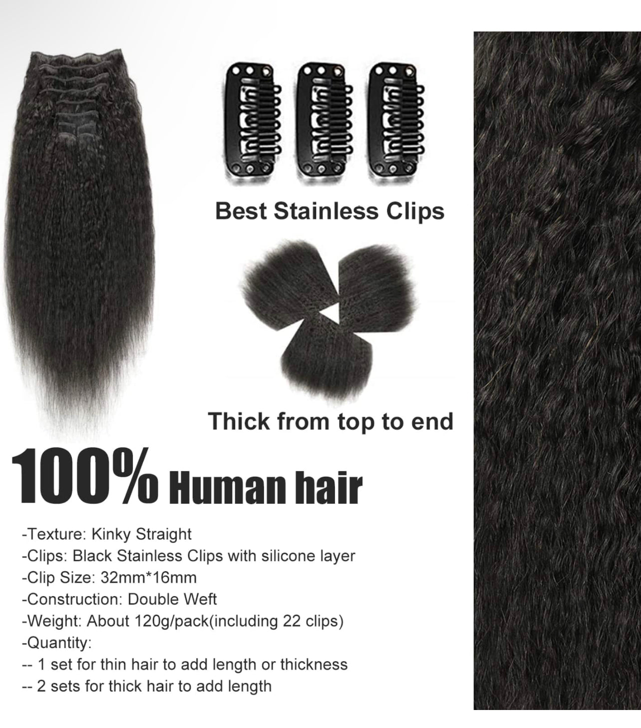 1B/NATURAL BLACK KINKY STRAIGHT CLIP-IN EXTENSIONS